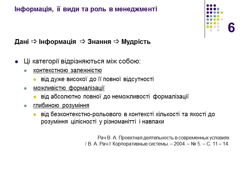 6 Інформація, її види та роль в менеджменті  Дані  Інформація  Знання
